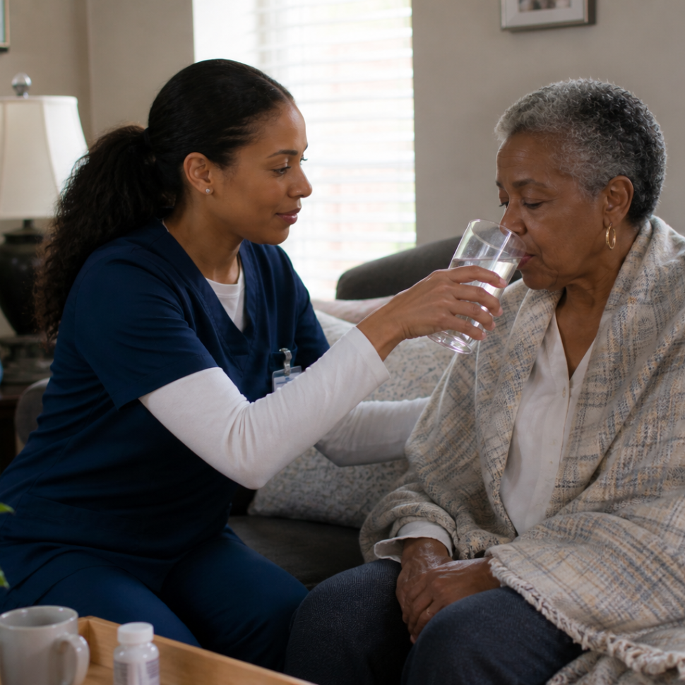 in home care maryland caregiver assisting elderly woman with daily care at home